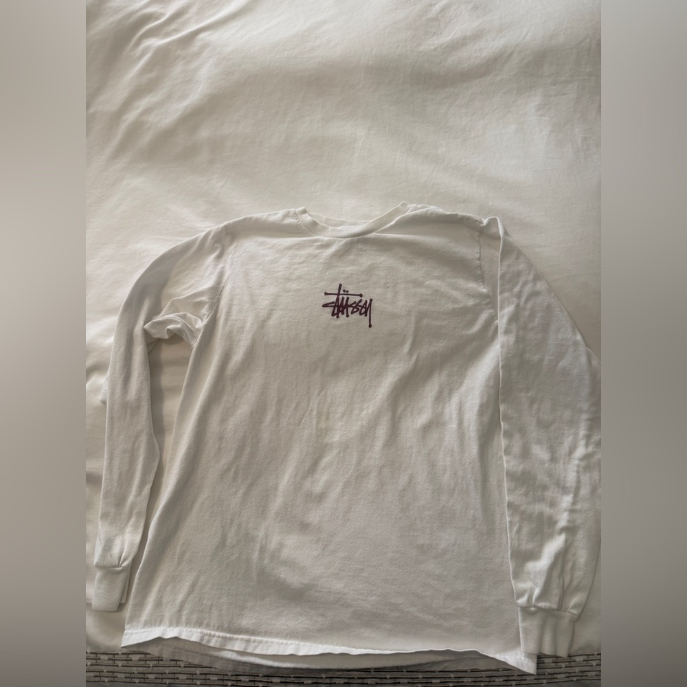 Stussy White Long Sleeve Tee with Purple Logo